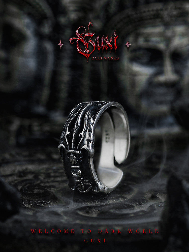 GUXI [Era] Dark Style 925 Silver Ring Personalized Retro Six-Word Mantra Index Finger Ring Silver Ornament