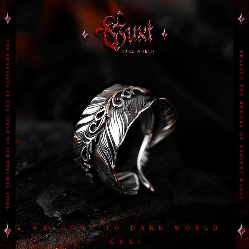 GUXI【Cangmang】Dark style retro feather ring with high-end 925 silver opening