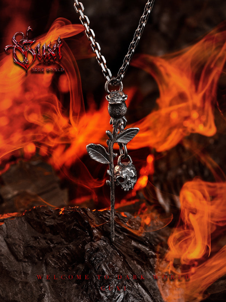 GUXI [Devil] Gothic style skull rose pendant niche 925 silver necklace retro personality punk