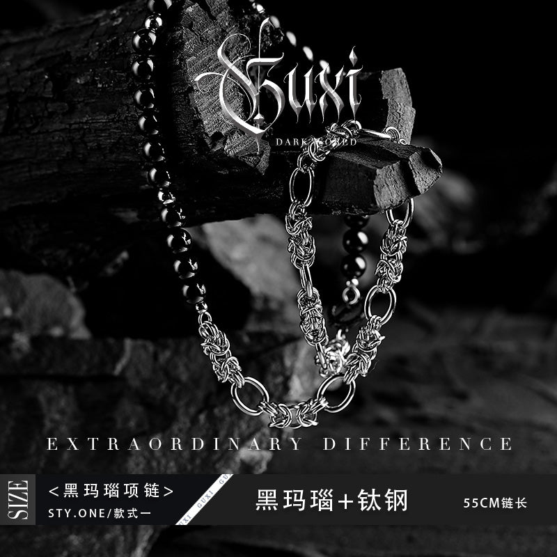 GUXI [Dreams never fall] black agate titanium steel necklace design niche black and white beaded high-end sweater chain