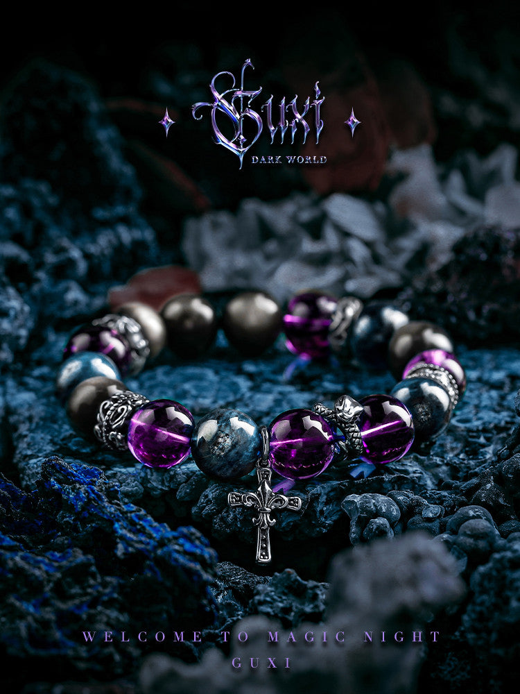 GUXI [Garden of Eden] Original Silver Obsidian Bracelet Retro Amethyst Hand Beads Jewelry Birthday Gift