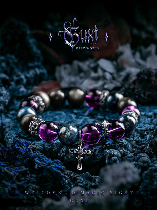 GUXI [Garden of Eden] Original Silver Obsidian Bracelet Retro Amethyst Hand Beads Jewelry Birthday Gift