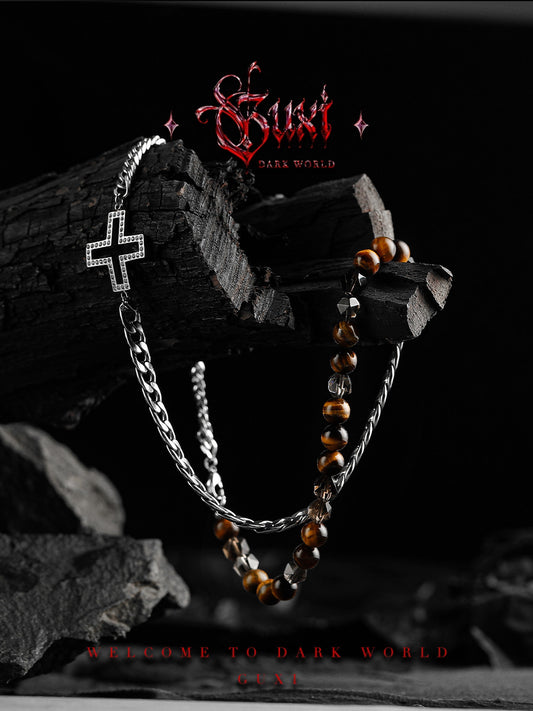 GUXI [Candle Night] Tiger Eye Stone Beaded Tea Crystal Cross Necklace