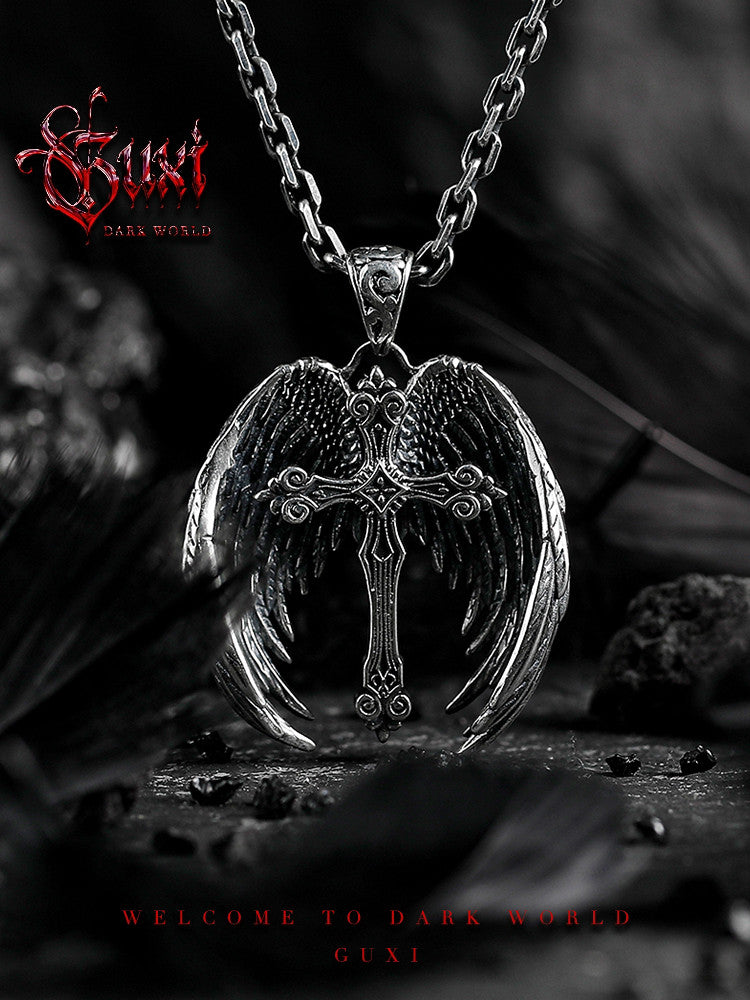 GUXI [Devil Wings] Retro Cross Pendant Niche 925 Silver Necklace