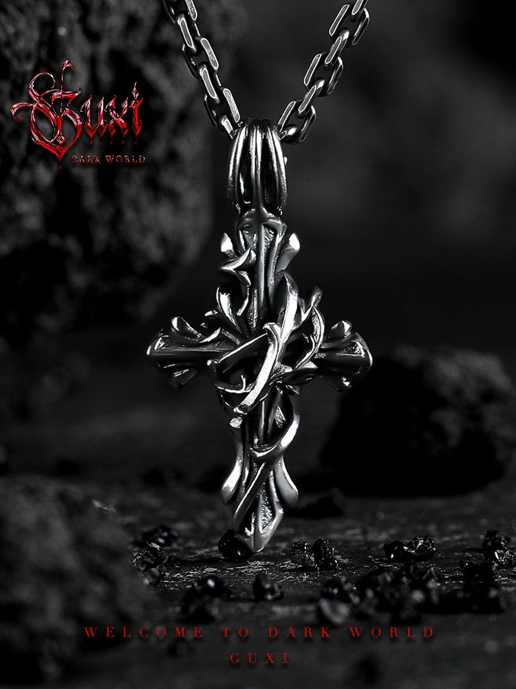 GUXI [Quiet Place] Thorns Cross Pendant 925 Silver Necklace Retro Silver Jewelry