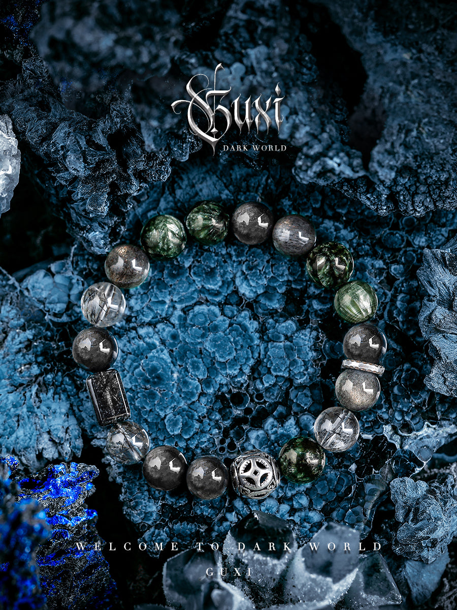 GUXI [Ancient] Retro Silver Obsidian Bracelet Green Dragon Crystal Bracelet Sunstone Crystal Jewelry Black Hair Crystal