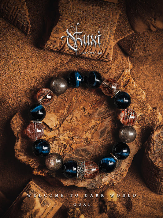 GUXI [War Song] Black Gold Super Seven Crystal Bracelet Lightning Blue Tiger Eye Stone Bracelet Beads Black Sunstone Jewelry