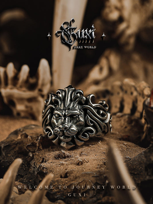 GUXI [King's Stick] Dark Style Retro Lion King 925 Silver Ring Domineering Open Ring Niche Personalized Silver Jewelry