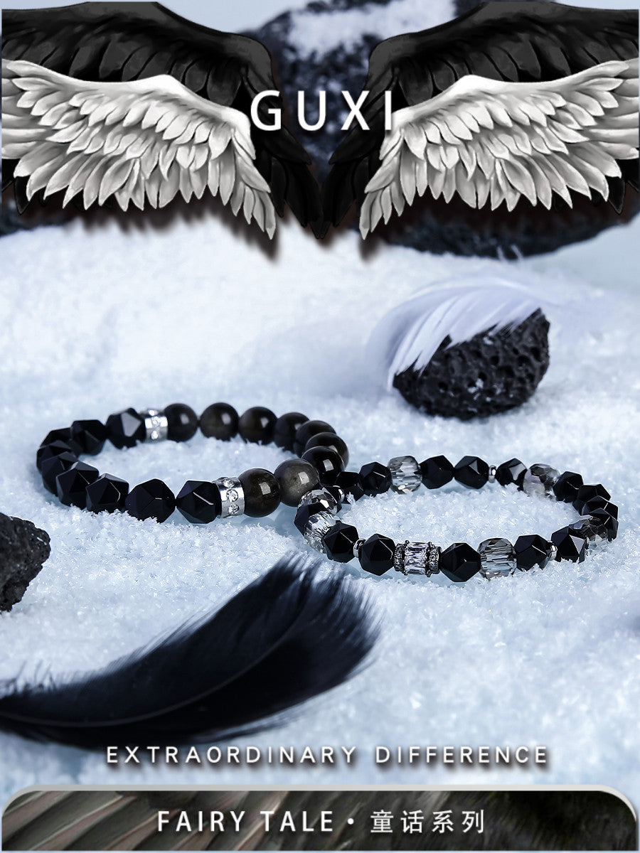 GUXI【Guardian】Silver Obsidian Couple Bracelet Pair Bead Bracelet Gift