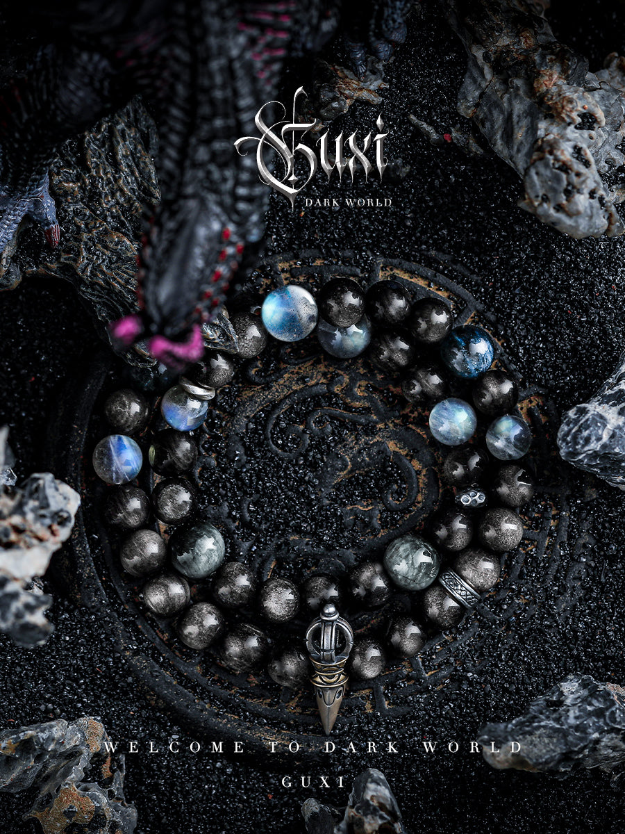 GUXI【Power of Chaos】Silver Obsidian Bracelet Devil Aquamarine Moonstone Bracelet Eagle Eye Stone Jewelry