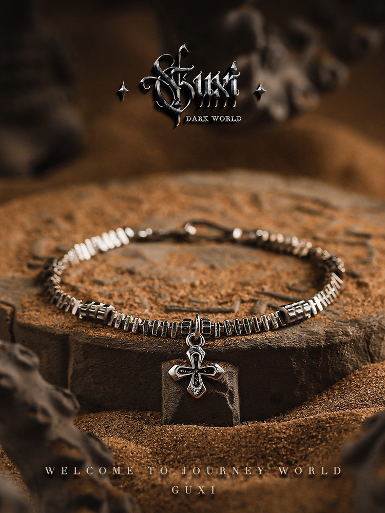 GUXI [Stalker] Niche Cross 925 Silver Bracelet Retro Broken Silver Bracelet Personalized Accessories Versatile