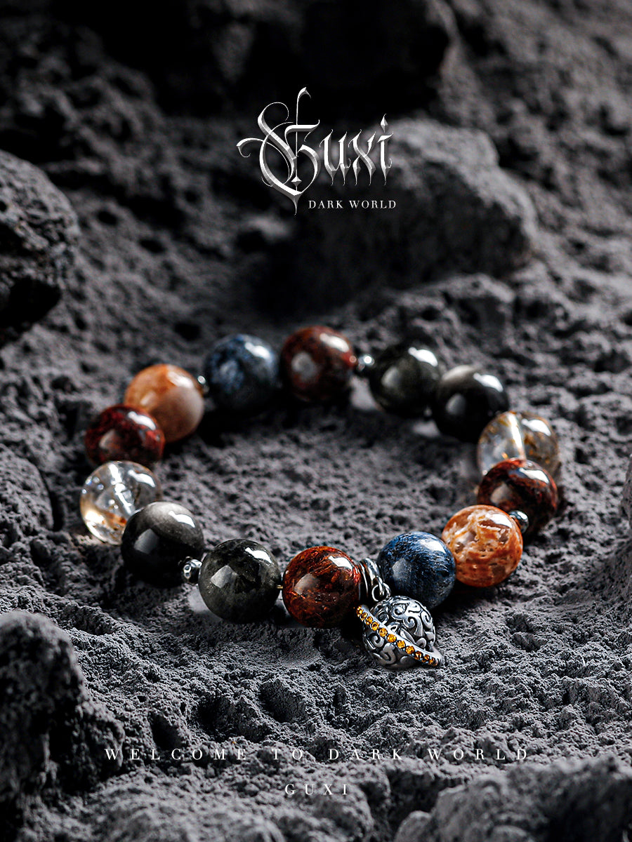 GUXI【Star Track】Silver Obsidian Bracelet High-end Super Seven Crystal Bracelet Beads Peter Stone Jewelry