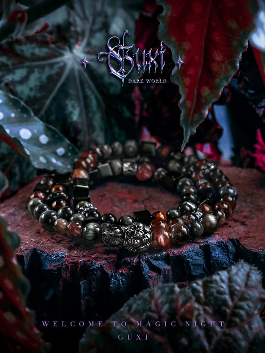 GUXI [Blooded] Dark Wind Red Glue Flower Crystal Bracelet Eagle Eye Stone Retro Bead Bracelet Black Sunstone