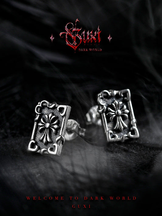 GUXI [Destiny] Dark Retro Cross 925 Silver Stud Earrings