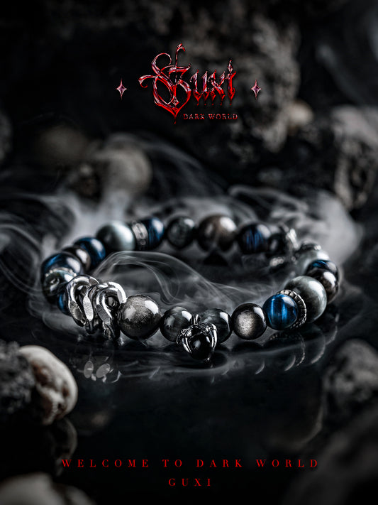 GUXI【Devil's Law】Dark Wind Silver Obsidian Bracelet High-end Niche Eagle Eye Stone Bead Bracelet