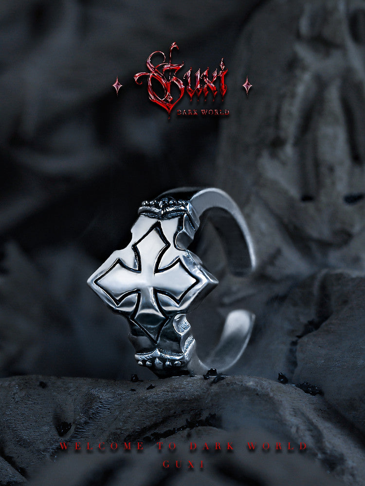 GUXI【Weightless】Cold style 925 silver ring niche cross flower open ring personalized versatile ring