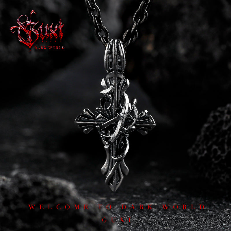 GUXI [Quiet Place] Thorns Cross Pendant 925 Silver Necklace Retro Silver Jewelry