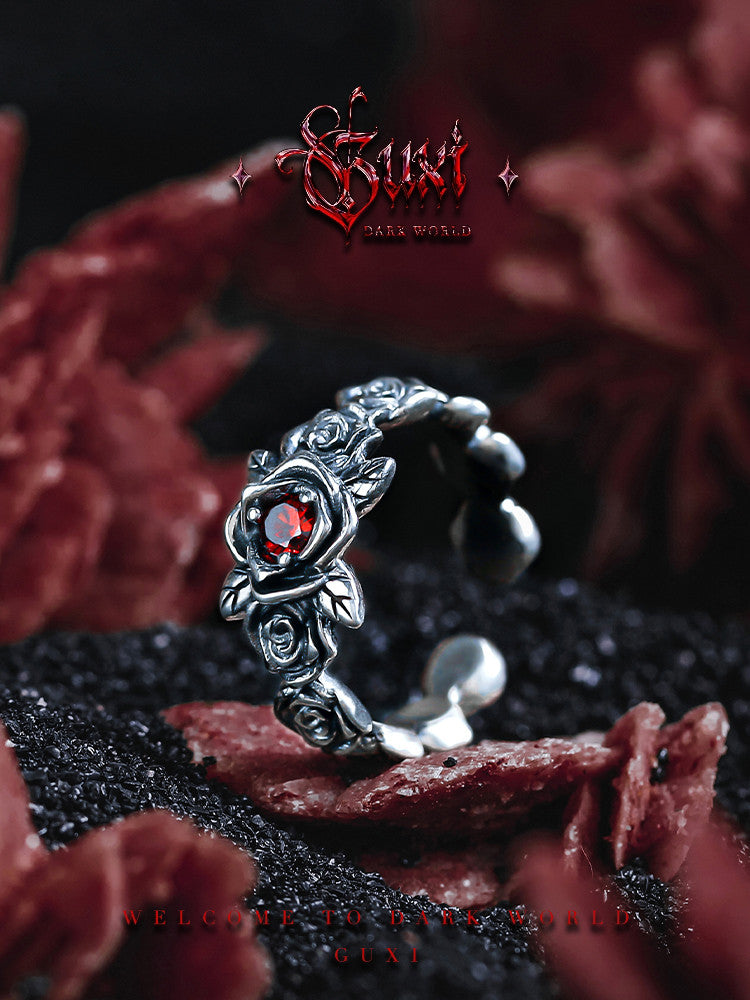 GUXI【Wither】Dark style retro rose silver ring open ring personalized gift