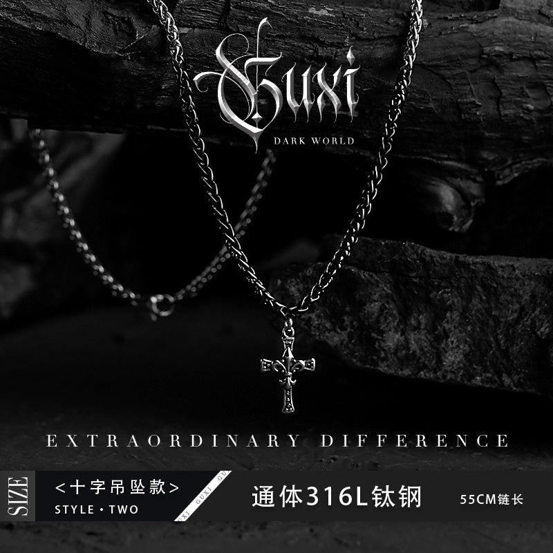 GUXI [Remember] niche design retro cross pendant titanium steel necklace high-end sweater chain trend