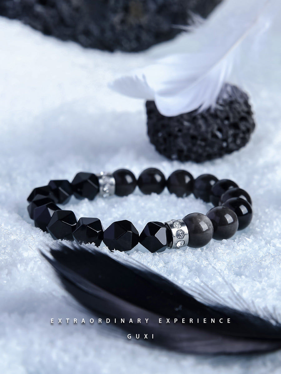 GUXI【Guardian】Silver Obsidian Couple Bracelet Pair Bead Bracelet Gift