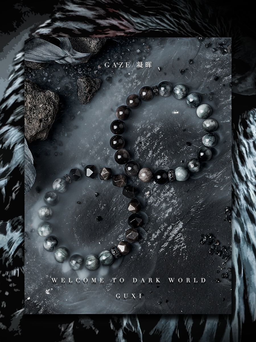 GUXI [Ninghui] silver obsidian bracelet, high-end eagle eye stone bead bracelet