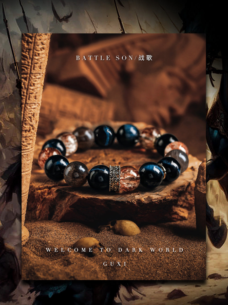 GUXI [War Song] Black Gold Super Seven Crystal Bracelet Lightning Blue Tiger Eye Stone Bracelet Beads Black Sunstone Jewelry