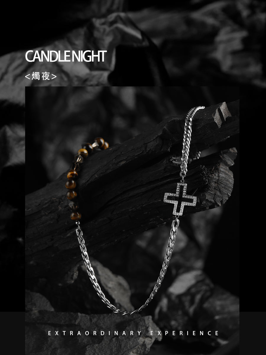 GUXI [Candle Night] Tiger Eye Stone Beaded Tea Crystal Cross Necklace