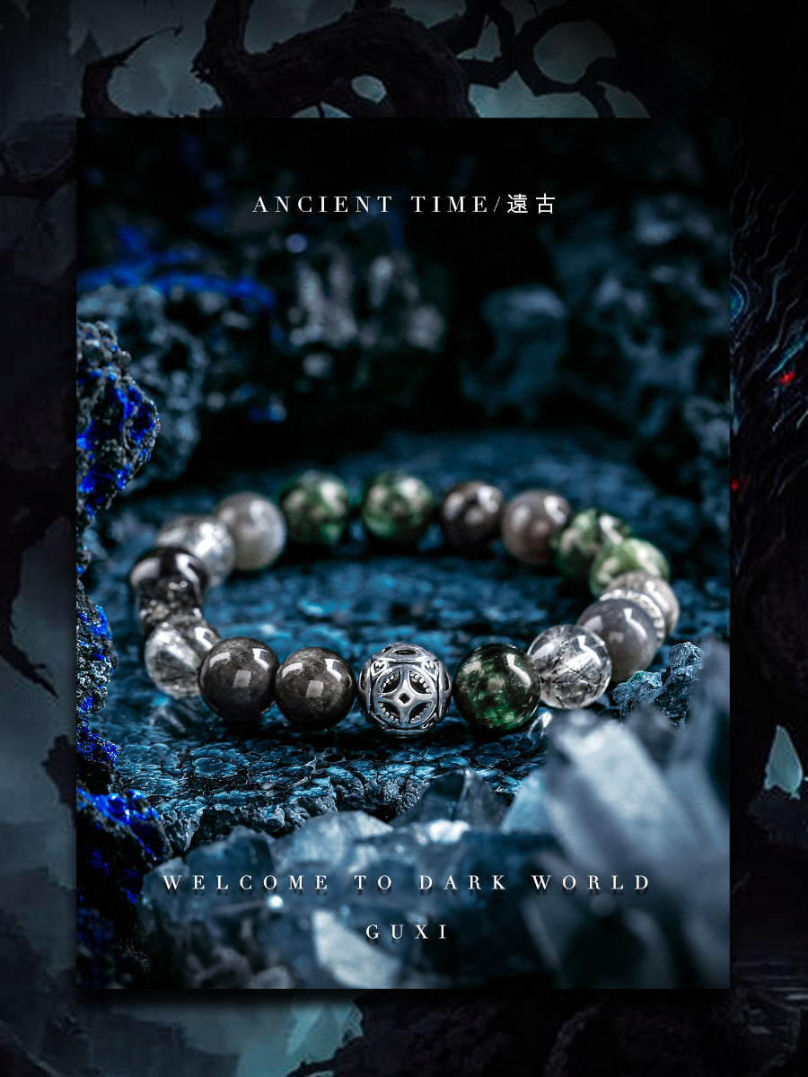 GUXI [Ancient] Retro Silver Obsidian Bracelet Green Dragon Crystal Bracelet Sunstone Crystal Jewelry Black Hair Crystal