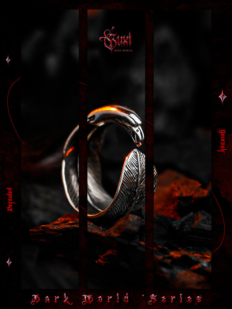 GUXI【Cangmang】Dark style retro feather ring with high-end 925 silver opening