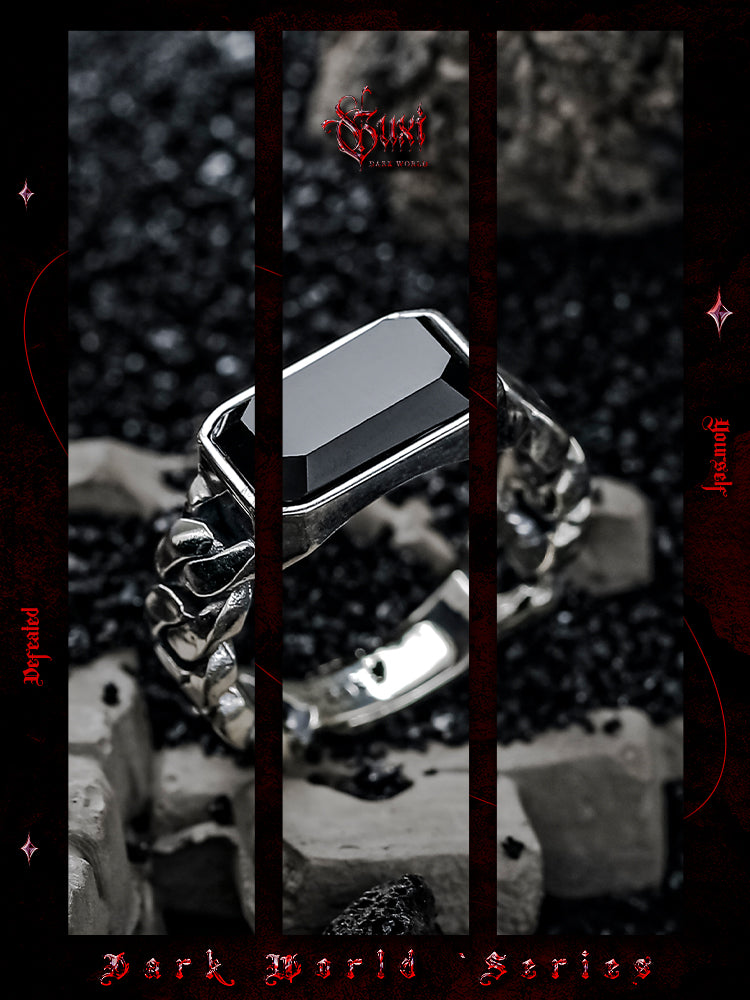 GUXI [Dimension] 925 silver ring, high-end retro niche black agate ring, cold style silver jewelry