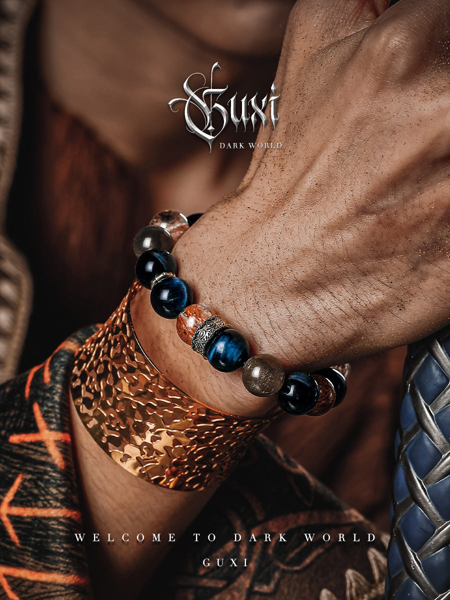 GUXI [War Song] Black Gold Super Seven Crystal Bracelet Lightning Blue Tiger Eye Stone Bracelet Beads Black Sunstone Jewelry