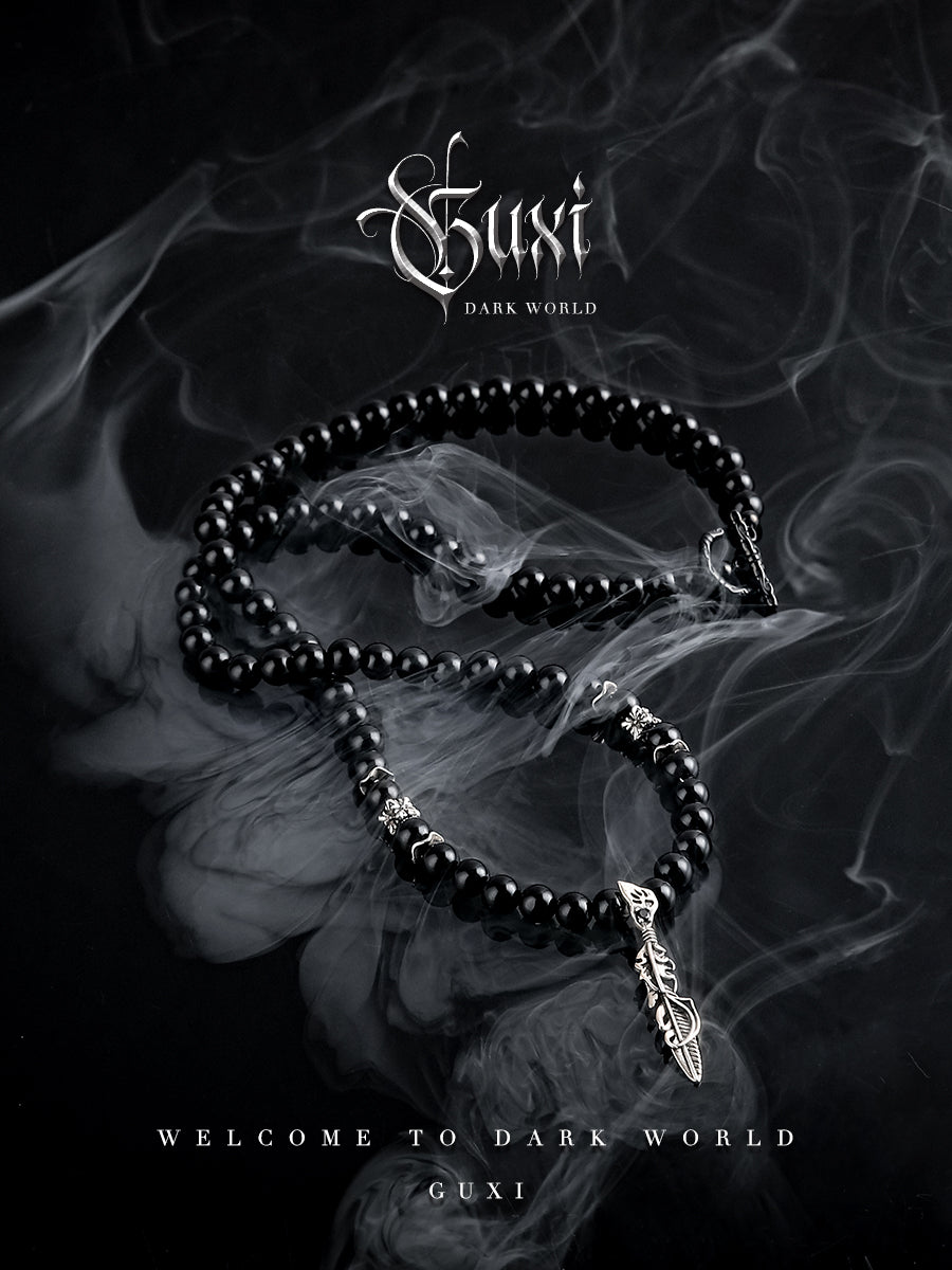 GUXI [Muyu] Dark style retro obsidian necklace, high-end niche sweater chain, gift for boyfriend