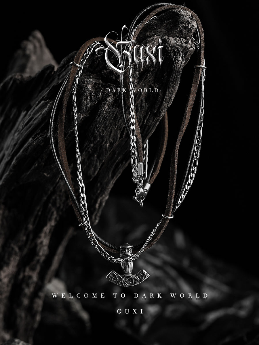 GUXI [Destruction] Retro high-end leather rope titanium steel necklace