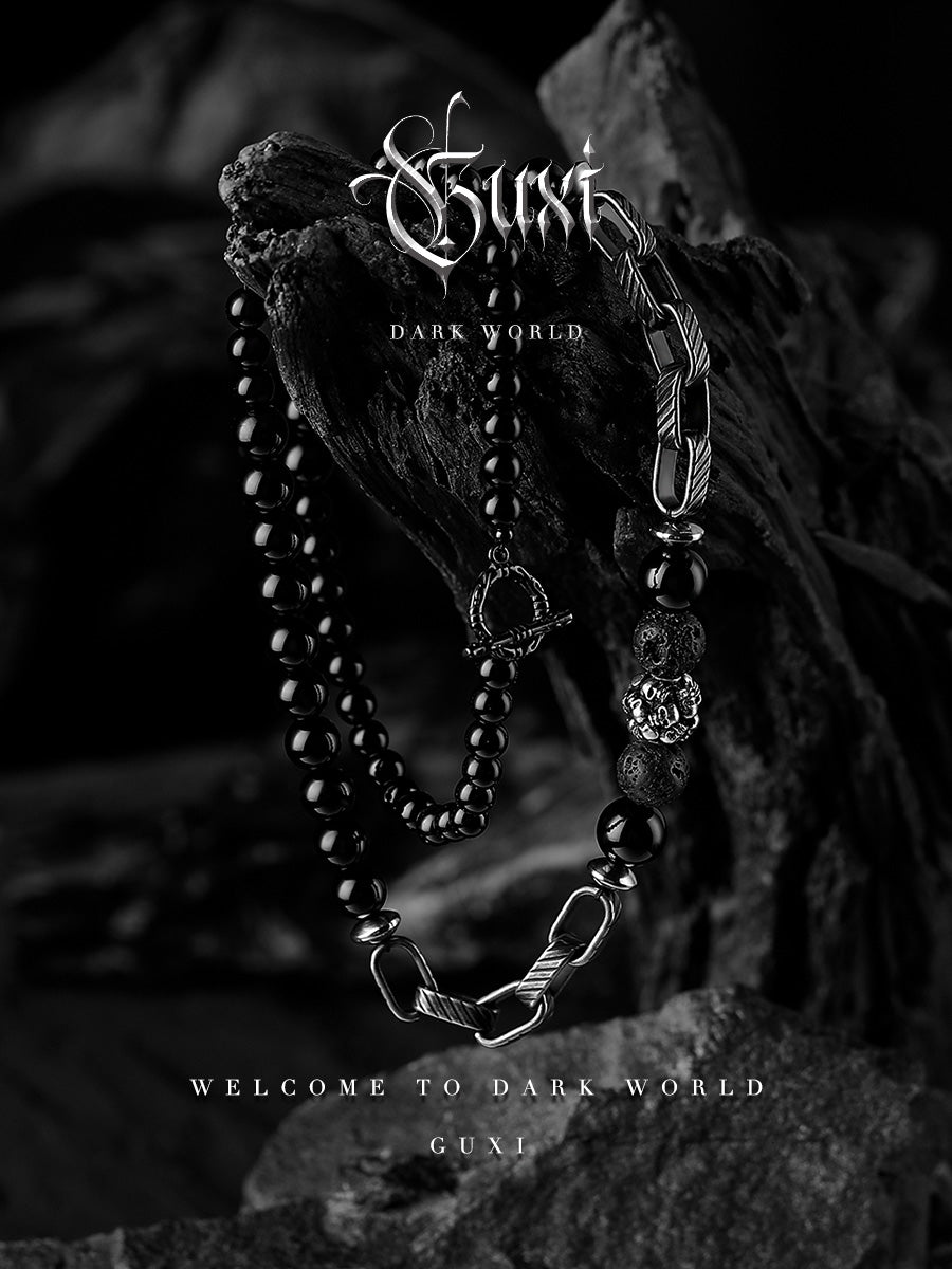 GUXI [Desolate] Retro Titanium Steel Skull Necklace High-end Black Onyx