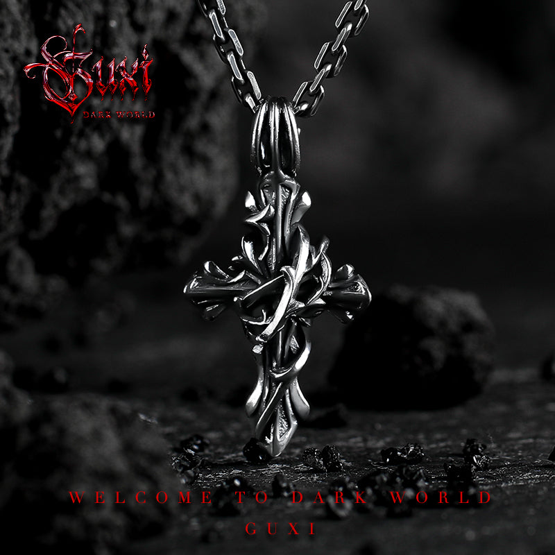 GUXI [Quiet Place] Thorns Cross Pendant 925 Silver Necklace Retro Silver Jewelry