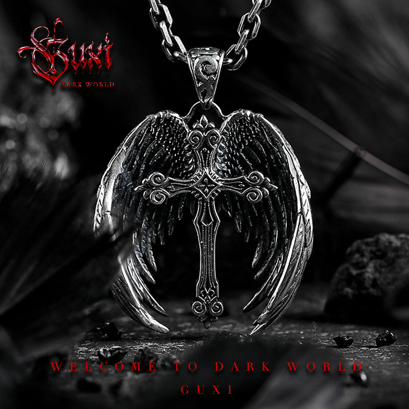 GUXI [Devil Wings] Retro Cross Pendant Niche 925 Silver Necklace