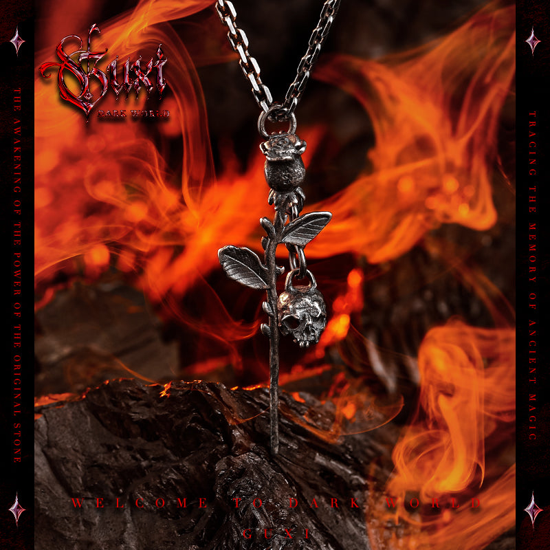 GUXI [Devil] Gothic style skull rose pendant niche 925 silver necklace retro personality punk